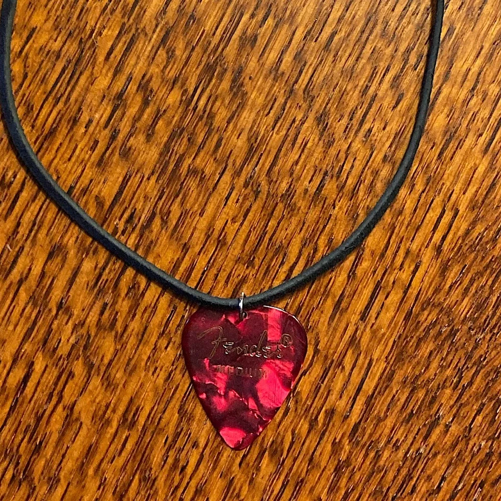 Red Guitar Pick Necklace Suede Cord Pearlescent Unisex New